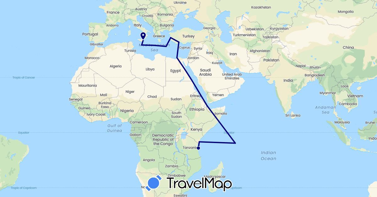 TravelMap itinerary: driving in Djibouti, Egypt, Greece, Italy, Kenya, Malta, Seychelles, Turkey, Tanzania (Africa, Asia, Europe)